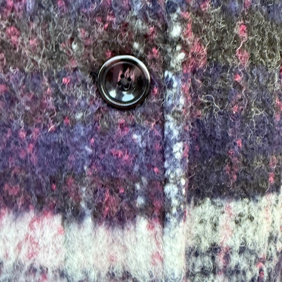 Lucky Brand Cozy fuzzy plaid overcoat in deep plum, charcoal, and soft grey - Picture 5 of 8